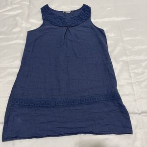 Blue Orchid Linen Shift Dress Blue Embroidered Crochet Lagenlook Boho Sz S